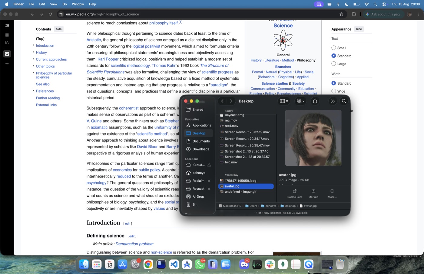 A Mac desktop with Finder showing avatar.jpg